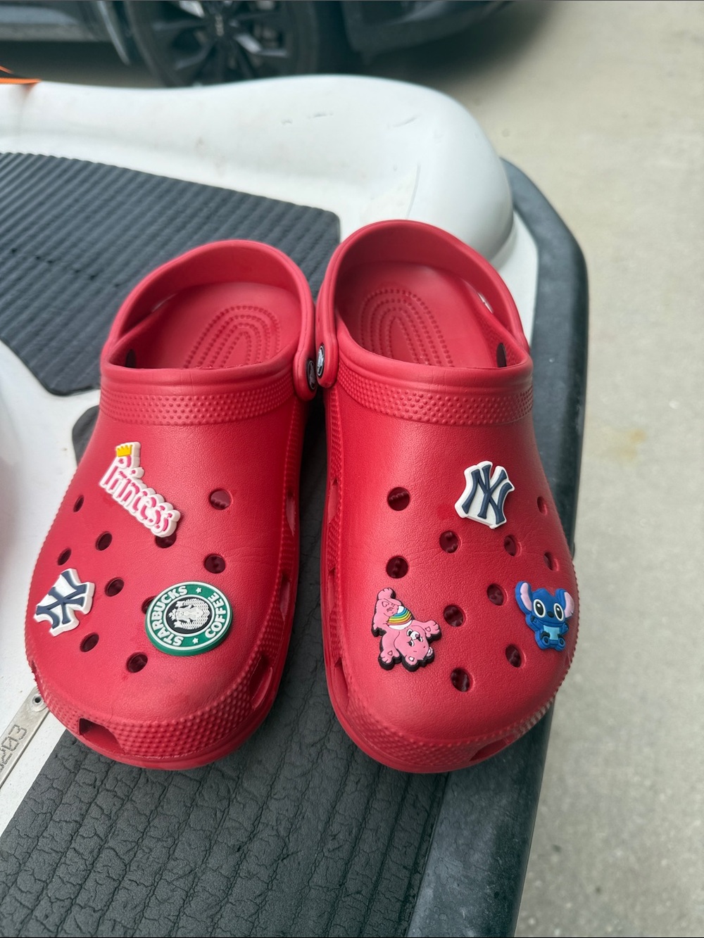 CROCS Red Clog Mules with size 8 woman Men 10 Decorative NY Charms